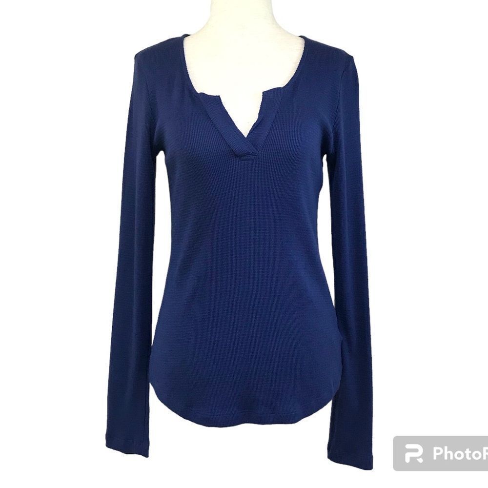 MONROW Blue Thermal Henley‎ Shirt Waffle Knit Scoop Neck Long Sleeve Medium New